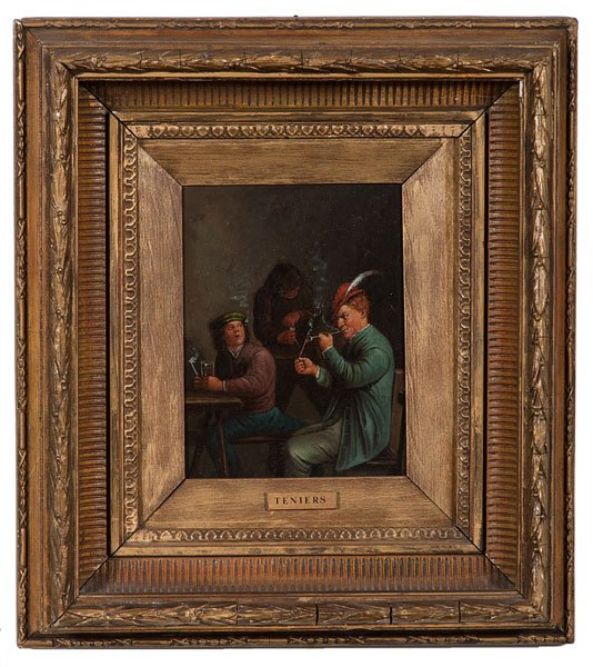 School of Teniers Genre Scene : School of Teniers Genre Scene Dutch, 17th century. Oil on board, housed in gilt frame. David Teniers School genre scene showing three men smoking pipes. 5.75 x 8 in. (sight).