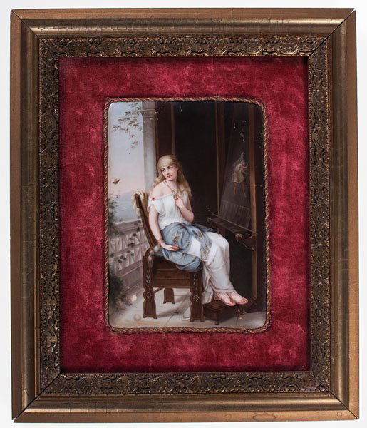 Porcelain Plaque of Penelope after Diana Coomans : Porcelain Plaque of Penelope after Diana Coomans Continental, late 19th-early 20th century. A hand-painted porcelain plaque of rectangular form, after the original work The Captive by Diana Coomans