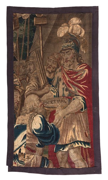 Flemish 16th Century Tapestry Fragment : Flemish 16th Century Tapestry Fragment Continental (Belgium), 16th or 17th century. A Flemish tapestry fragment of a Roman centurion confronted by a kneeling man with citizens onlooking in the ba