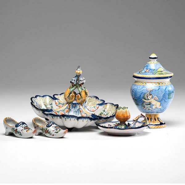 Nevers Faience Serving Tray, Candlestick, Shoes, and: Nevers Faience Serving Tray, Candlestick, Shoes, and Jar French, late 1880s through 1950s. A group of faience items manufactured by the Montagnon factory in Nevers, France, including: a divided s