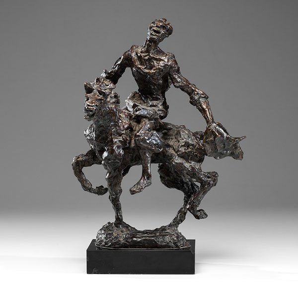 Abstract Equestrian Bronze by Mattie Berhang : Abstract Equestrian Bronze by Mattie Berhang Mattie Berhang (American, active 20th century). Bronze on marble base. Signed and with Roman Bronze Works foundry mark; ht. 20.5 in. (without base).