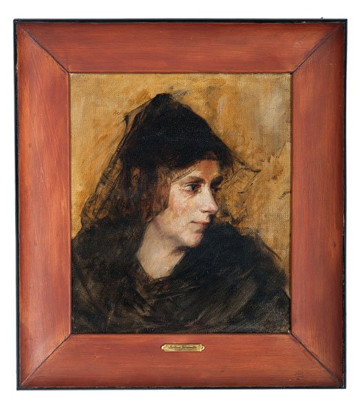 Portrait of a Woman by Norbert Goeneutte : Portrait of a Woman by Norbert Goeneutte Attributed to Norbert Goeneutte (French, 1854-1894). Oil on canvas, housed in a wood frame. A portrait of a woman clad in a black attire and wearing a black