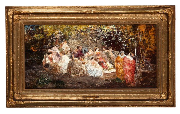Nocturnal Forest Scene by Adolphe Monticelli : Nocturnal Forest Scene by Adolphe Monticelli Adolphe Monticelli (French, 1824-1886). Oil on cradled panel, housed in the original gilt and gesso Art Nouveau frame, signed l.r.; 9.5 x 19.75 in. (si