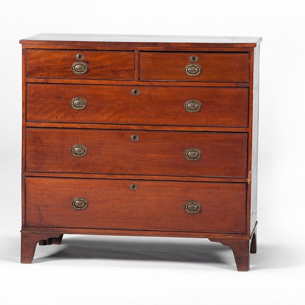 Hepplewhite Five-Drawer Chest : Hepplewhite Five-Drawer Chest English, late 18th century. A Hepplewhite five-drawer chest in mahogany, having two over three graduated drawers with cock-beaded edges and later brasses, all rising 