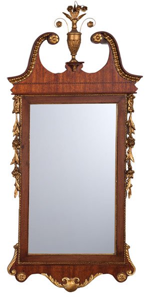 Chippendale-Style Mahogany and Gilt Mirror : Chippendale-Style Mahogany and Gilt Mirror American, 20th century. A Chippendale-style mahogany and gilt wood mirror, having a broken arch crest terminating in rosettes, centering an urn of wheat a
