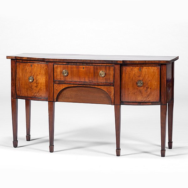 Diminutive English Regency Sideboard : Diminutive English Regency Sideboard English, 19th century. A diminutive Regency bowfront sideboard in mahogany, having a crossbanded top above three cockbeaded drawers and a fitted lower drawer, 
