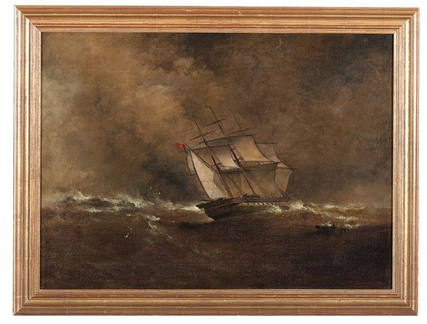 Seascape with Ship by Franklin Dullin Briscoe : Seascape with Ship by Franklin Dullin Briscoe Franklin Dullin Briscoe (American, 1844-1903). Oil on canvas. The painting, housed in a gilt frame, depicts a ship on a rough waters, signed and dated 1