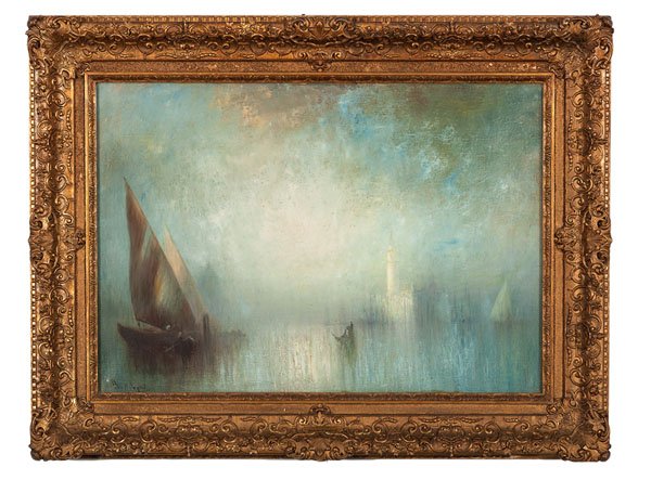 Moonlit Lake by George Henry Bogert : Moonlit Lake by George Henry Bogert George Henry Bogert (American, 1864-1944). Oil on canvas, housed in an original gilt and gesso frame. Signed l.l.; 28 x 39 in. A pair labels are attached on verso