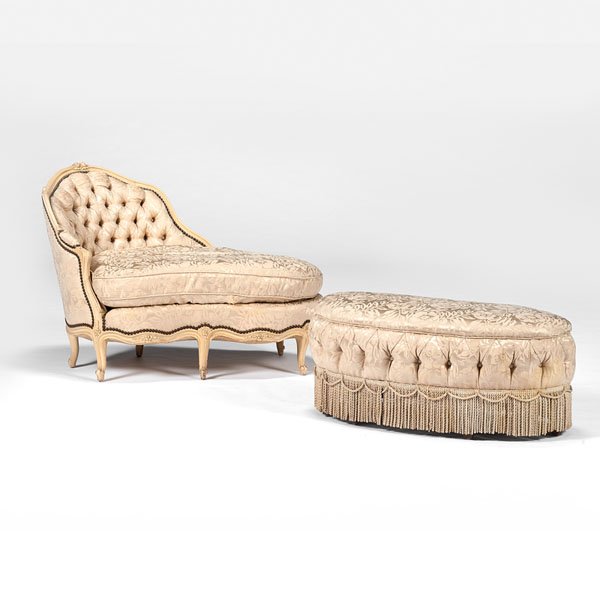 Rococo-Revival Meridienne and Ottoman : Rococo-Revival Meridienne and Ottoman American, late 19th-20th century. A Rococo-revival tufted upholstered meridienne with later paint, having a floral crest rail continuing to shaped arms, and w