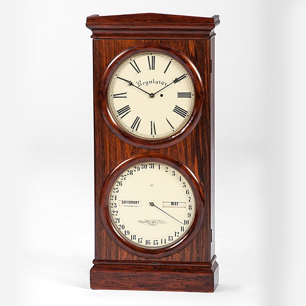 Seth Thomas Office Calendar No. 2 Clock : Seth Thomas Office Calendar No. 2 Clock American, last quarter 19th century. A Seth Thomas office calendar No. 2 clock in a rosewood veneer case, having an eight-day timepiece with calendar; ht. 42