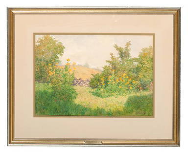 Midsummer by Richard Buckner Gruelle : Midsummer by Richard Buckner Gruelle Richard Buckner Gruelle (American, 1851-1914). Watercolor on paper, housed in gilt frame. A landscape showing a meadow with plants and foliage divided by a short