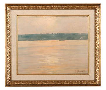 Sunset on Lake by Richard Buckner Gruelle : Sunset on Lake by Richard Buckner Gruelle Richard Buckner Gruelle (American, 1851-1914). Oil on board, housed in gilt frame. A sunset landscape showing a lake and a shore in the background, signed l