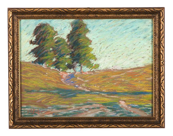 Trees on a Hill by George Herbert Baker : Trees on a Hill by George Herbert Baker George Herbert Baker (American, 1878-1943). Pastel on paper, housed in a gilt frame. A rural landscape showing a path leading to three hills located atop a hi
