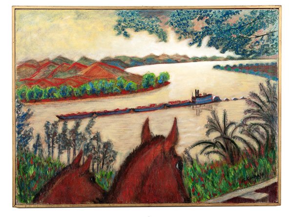 Ohio River Scene by Norman Kohlhepp : Ohio River Scene by Norman Kohlhepp Norman Kohlhepp (American, 1892-1986). Oil on canvas. In Fauvist style, the painting depicts a barge on the Ohio river with two horses in the foreground. Housed 
