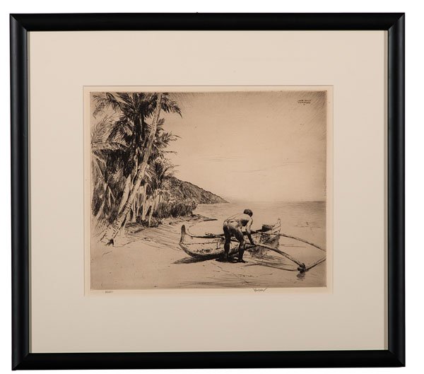 Honolulu by John Kelly : Honolulu by John Kelly John Melville Kelly (American, 1879-1962). Etching on paper, housed in a black frame. A fine depiction of a beach scene in Honolulu, Hawaii, showing a man and his bark on the