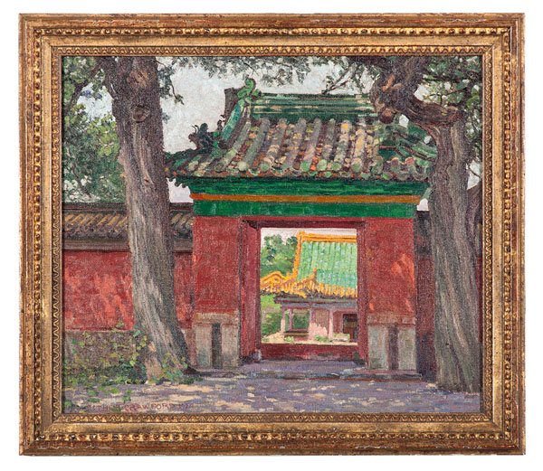 In the Forbidden City by Ester Mabel Crawford : In the Forbidden City by Ester Mabel Crawford Ester Mabel Crawford (American, 1872-1958). Oil on canvas, housed in a gilt frame. A scene in the Forbidden City, Beijing, showing a Paifang (traditiona