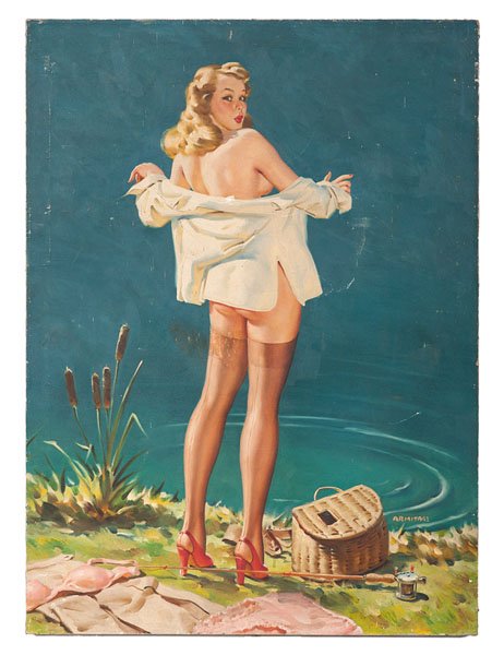 Pin-Up Illustration by Arnold Armitage : Pin-Up Illustration by Arnold Armitage Arnold Armitage (American, 1899-1991). Oil on canvas, unframed. An illustration depicting a nude pin-up girl standing by a pond, surrounded by fishing equipmen
