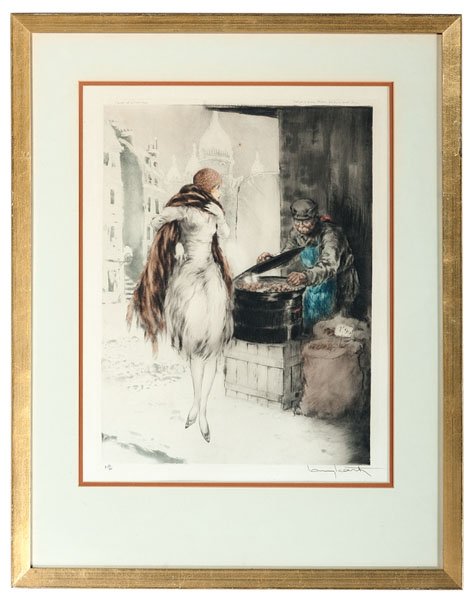 Chestnut Vendor by Louis Icart : Chestnut Vendor by Louis Icart Louis Icart (French, 1888-1950). An etching and drypoint of a woman standing next to a chestnut vendor with a European skyline in the background, highlighted with shad