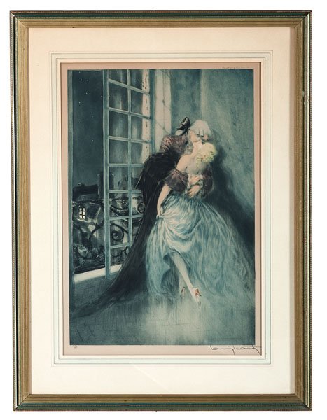 Lovers by Louis Icart : Lovers by Louis Icart Louis Icart (French, 1888-1950). An etching and drypoint of a man and a woman embracing next to a balcony, pencil signed l.r. and numbered E179/500 l.l with an embossed L-I Par