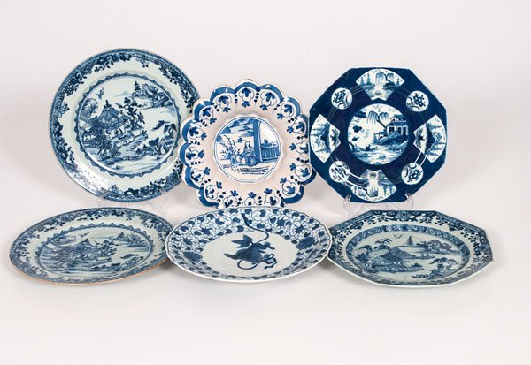 Collection of Blue and White Export Plates : Collection of Blue and White Export Plates Chinese Export, 18th and 19th century. A collection of six porcelain and faience export plates, decorated with blue and white designs. One pair of Canton p