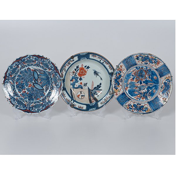 Group of Chinese Export Faience Plates : Group of Chinese Export Faience Plates Chinese Export, late 19th century. A group of three faience export plates with hangers, decorated with blue, red, and gilt floral patterns. Marks to underside;