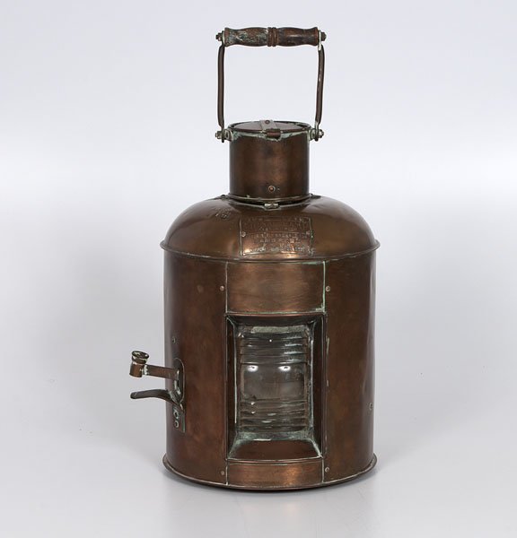 Nippon Sento Co. Ltd. Copper Marine Signal Lamp : Nippon Sento Co. Ltd. Copper Marine Signal Lamp Japanese, 20th century. A brass and copper Nippon Sento Co. Ltd. marine signal lamp, having a wooden bail handle and a hinged vent cap above a short c