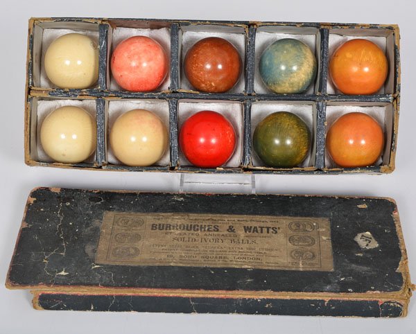 Boxed Set of Victorian Billiard Balls in Ivory : Boxed Set of Victorian Billiard Balls in Ivory English, late 19th-early 20th century. A set of ten stained billiard balls in ivory in their original box with label for Borroughes & Watts', ; box lg.