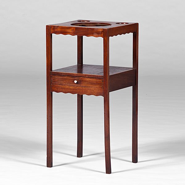 Hepplewhite Washstand with Inlay : Hepplewhite Washstand with Inlay English, 19th century. A Hepplewhite washstand in mahogany with lightwood inlays, the top with a basin hole and two round holes for toilet accessories and having a 