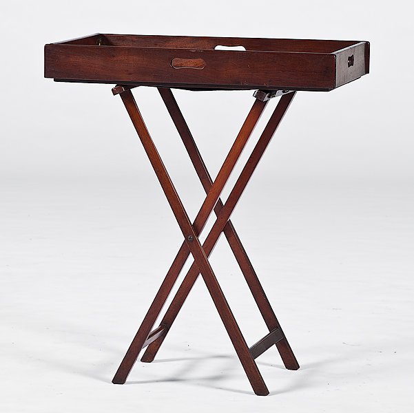 Georgian-Style Butler's Tray on Stand : Georgian-Style Butler's Tray on Stand English, 19th century. A Georgian-style mahogany butler's tray on stand, having a rectangular hinged top with four pierced curved handles, raised on a folding 