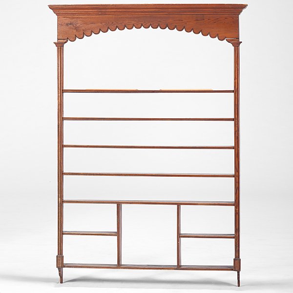 English Pine Hanging Wall Shelf : English Pine Hanging Wall Shelf English, 19th century. A hanging wall shelf in pine, having a molded cornice and open back; ht. 66. wd. 47 in.