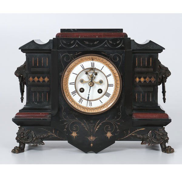 French Black Slate Mantel Clock : French Black Slate Mantel Clock French, ca 1880s. A black slate mantel clock with red marble trim, scrolls and inlay to front, having lion head handles on the side and griffin feet; ht. 10.25 in.