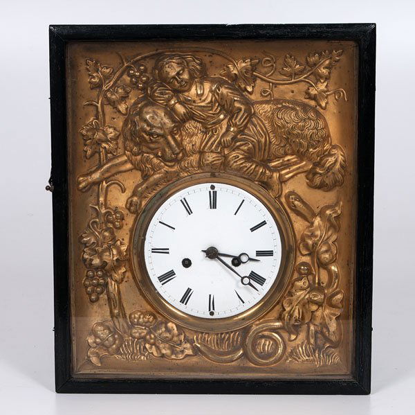 19th century French Wall Clock : 19th century French Wall Clock French, late 19th century. A thirty-hour time and strike picture frame hanging clock, with an enamel dial surround by a gilt metal panel featuring dog, child, and grap