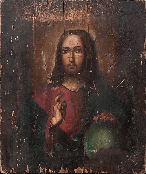 Russian Icon : Russian Icon Russian, 19th century. Tempera on wood panel. The icon is a frontal portrait of Christ Pantocrator, or Christ Almighty, an Eastern Catholic and Orthodox depiction of Christ. 10 x 12.25 