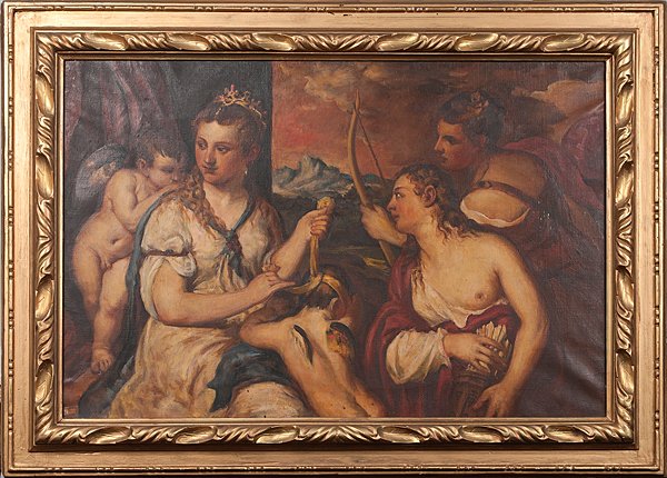 Venus Blindfolding Cupid After Titian : Venus Blindfolding Cupid After Titian Continental, 20th century. Oil on canvas, a copy of Titian's Venus Blindfolding Cupid, verso signed A. Marchegani in pencil on top stretcher, housed in a carved