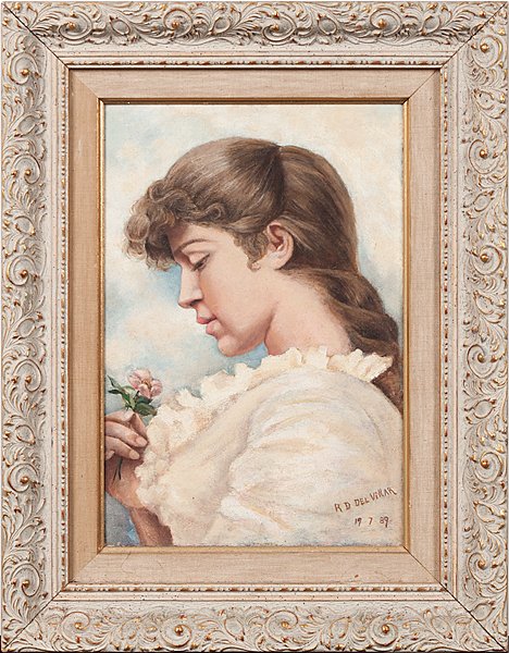 Portrait of a Girl with Flowers by Raphael Del Villar : Portrait of a Girl with Flowers by Raphael Del Villar Raphael Del Villar (Spanish, 19th century). Oil on board, signed and dated 97 l.r.; 12.5 x 8.5 in. (sight).