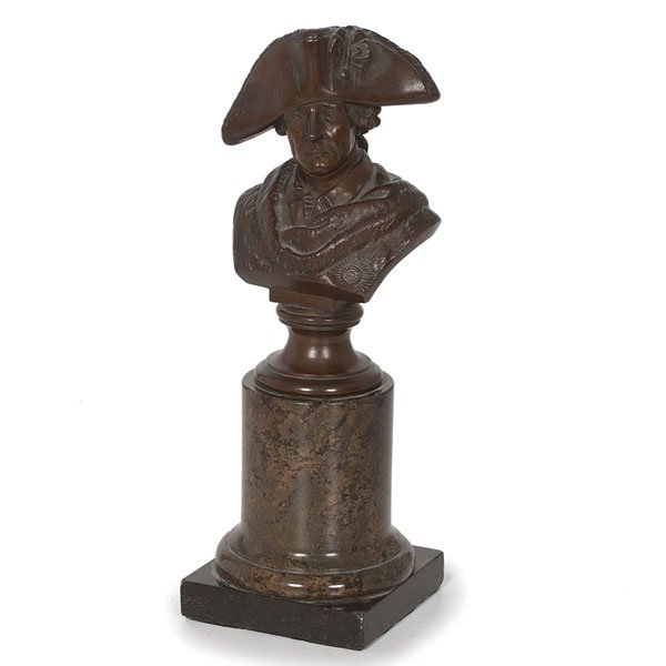 Bronze Bust of Frederick the Great, Signed : Bronze Bust of Frederick the Great, Signed Continental, 19th century. A bust length portrait in bronze of Frederick the Great on marble pillar and base, stamped Guss.v.H. Gladenbeck v Sohn/ Friedri