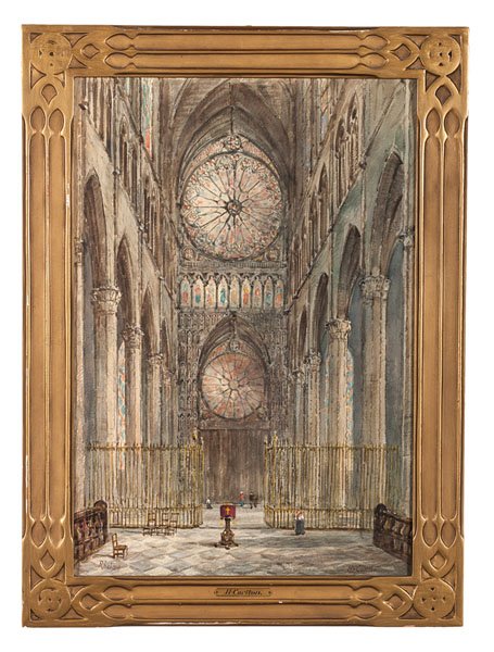Rheims by Henry Carlton : Rheims by Henry Carlton Henry Carlton (British, 19th century). Watercolor on paper, housed in a Gothic-style gilt frame. A depiction of the interior of the Rheims cathedral showing an altar, pillars