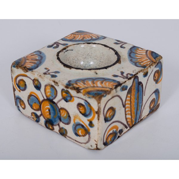 Spanish Tin Enameled Inkwell : Spanish Tin Enameled Inkwell Spanish, late 16th-early 17th century. A tin enameled earthenware inkwell, made in El Puente del Arzobispo; ht. 2, wd. 3.5 in.