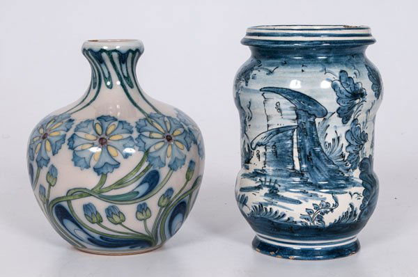 Continental Porcelain and Earthenware Vases : Continental Porcelain and Earthenware Vases Continental. A porcelain vase with polychrome decorations of interwined morning glories and tendrils, marked Firenze on underside, and a tin-glazed earthe