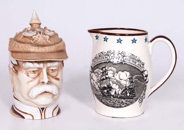 Otto Von Bismarck Stein Plus : Otto Von Bismarck Stein Plus 20th century. A porcelain character head covered stein of Otto Von Bismarck with pewter hinge, marked Made in Germany/Musterschutz PLUS a Staffordshire commemorative 