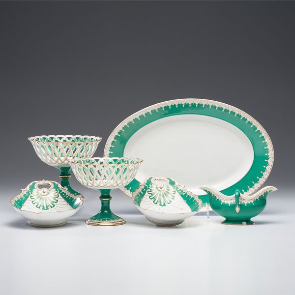 Vieux Paris Gilded Dinnerware : Vieux Paris Gilded Dinnerware French, 19th century. A group of six porcelain tablewares, including a large platter, two open vegetable dishes, two corbeilles, and a gravy boat. Each with emerald rim