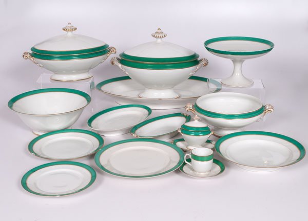 Paris Porcelain Gilded Dinner Service : Paris Porcelain Gilded Dinner Service Continental, 19th century. A 36-piece Paris porcelain dinner service with green bands and gilt embellishments. The service includes 6 dinner plates, 6 demitas