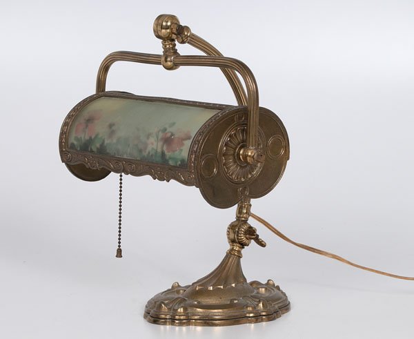 Miller Reverse-Painted Desk Lamp : Miller Reverse-Painted Desk Lamp American, early 20th century. A Miller desk lamp with a reverse-painted glass shade depicting pink and white pansies, supported by a curved, adjustable arm and resti