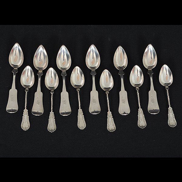 St. Louis Coin Silver Teaspoons : St. Louis Coin Silver Teaspoons American (Missouri), mid-19th century. Six coin silver fiddle teaspoons, all marked Ben F. Crane St. Louis for Benjamin F. Crane (active ca 1842-1861), and six twis