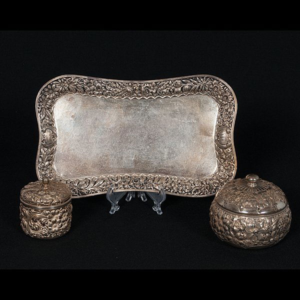 Sterling Dresser Accessories : Sterling Dresser Accessories American, late 19th century. Three associated dresser accessories in sterling silver, one a sterling tray by Gorham, one a powder jar by Gorham, and one, another lidded