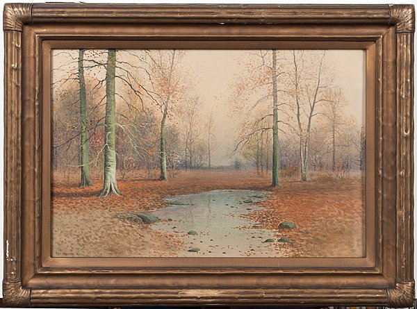 Fall Landscape by George Howell Gay : Fall Landscape by George Howell Gay George Howell Gay (American, 1858-1931). Watercolor on paper, signed l.l. and housed in fine gilt and gesso original frame; 11.5 x 17.5 in. (sight).