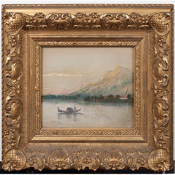 Sunset at Lake Como, Italy Watercolor : Sunset at Lake Como, Italy Watercolor American, 19th century. A landscape watercolor in a carved and gilt frame, signed and dated l.l. A.A.W. / 94 and on verso Sunset at Lake Como Italy / by / Dr.