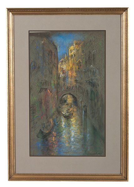 Bridge in Venice by Glenn Cooper Henshaw : Bridge in Venice by Glenn Cooper Henshaw Glenn Cooper Henshaw (American, 1885-1946). Pastel on paper, housed in a gilt frame. A view of a canal in Venice crossed by a bridge. Signed l.r.; 25.75 x 15