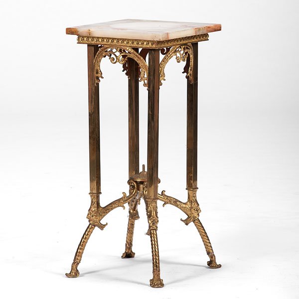 Onyx and Brass Fern Stand : Onyx and Brass Fern Stand Probably American, late 19th-early 20th century. A brass fern stand with onyx square top, pierced foliate apron, foliate stretcher and twist splayed legs; ht. 31, wd. 12, 
