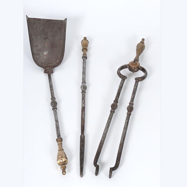 Brass Fireplace Tools : Brass Fireplace Tools A set of three fireplace tools in brass and steel, including a shovel, tongs, and poker; shovel lg. 27 in.